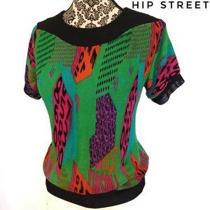 MULTI COLOR Urban Number Letters Small Waffle Weave Silky Knit SS Sweater S/M